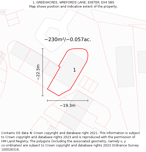 1, GREENACRES, WREFORDS LANE, EXETER, EX4 5BS: Plot and title map