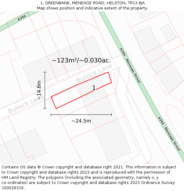1, GREENBANK, MENEAGE ROAD, HELSTON, TR13 8JA: Plot and title map