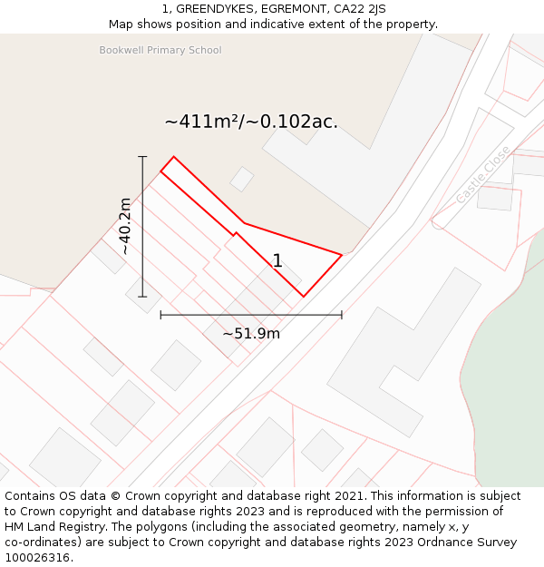 1, GREENDYKES, EGREMONT, CA22 2JS: Plot and title map