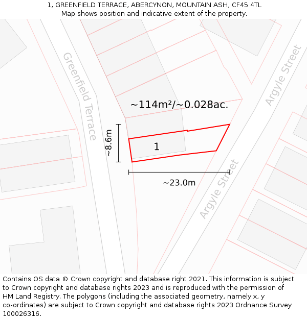 1, GREENFIELD TERRACE, ABERCYNON, MOUNTAIN ASH, CF45 4TL: Plot and title map