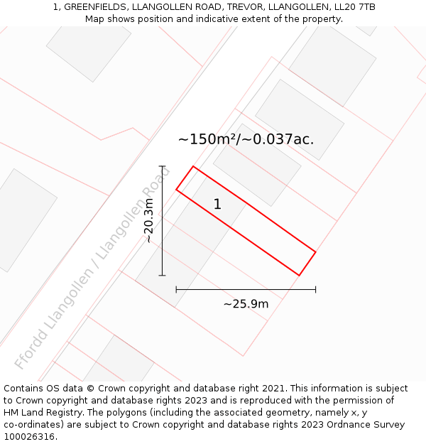 1, GREENFIELDS, LLANGOLLEN ROAD, TREVOR, LLANGOLLEN, LL20 7TB: Plot and title map