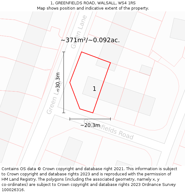 1, GREENFIELDS ROAD, WALSALL, WS4 1RS: Plot and title map