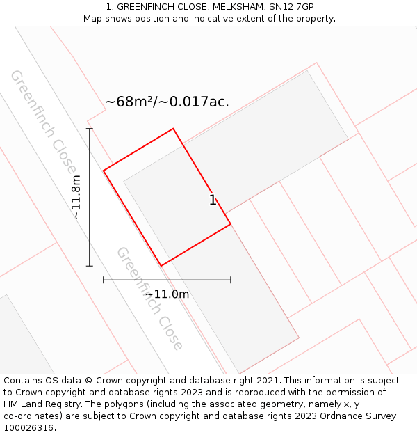 1, GREENFINCH CLOSE, MELKSHAM, SN12 7GP: Plot and title map