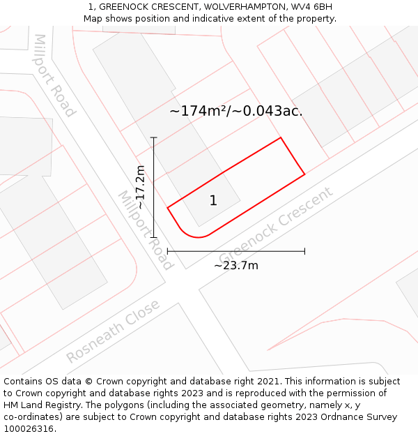 1, GREENOCK CRESCENT, WOLVERHAMPTON, WV4 6BH: Plot and title map