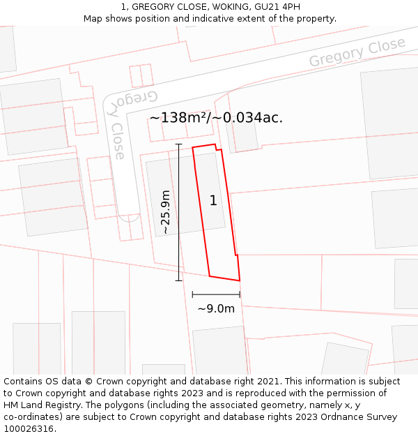 1, GREGORY CLOSE, WOKING, GU21 4PH: Plot and title map