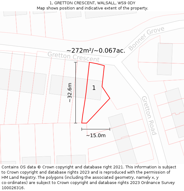 1, GRETTON CRESCENT, WALSALL, WS9 0DY: Plot and title map