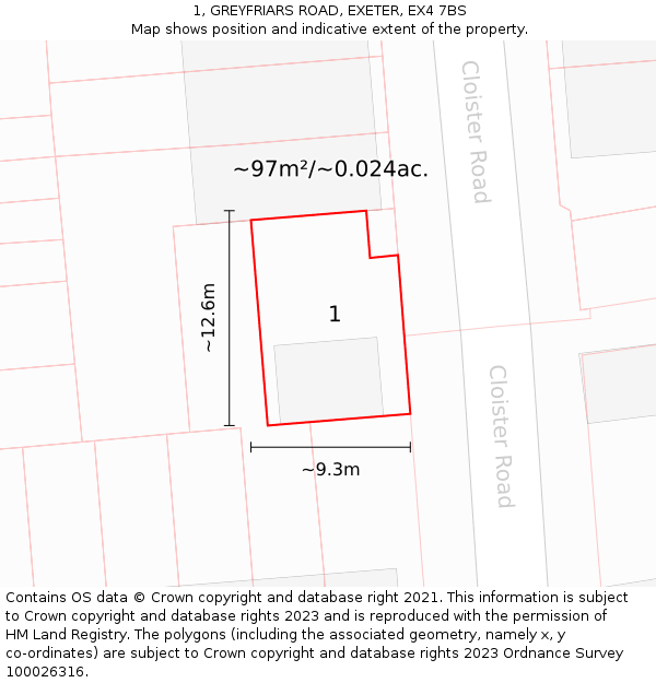 1, GREYFRIARS ROAD, EXETER, EX4 7BS: Plot and title map