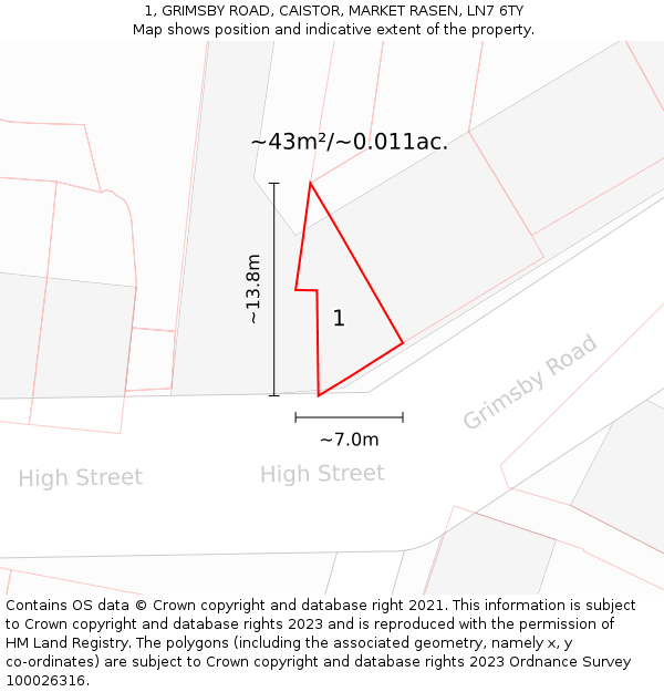 1, GRIMSBY ROAD, CAISTOR, MARKET RASEN, LN7 6TY: Plot and title map