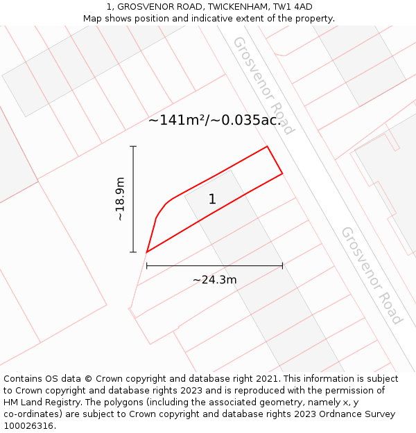 1, GROSVENOR ROAD, TWICKENHAM, TW1 4AD: Plot and title map