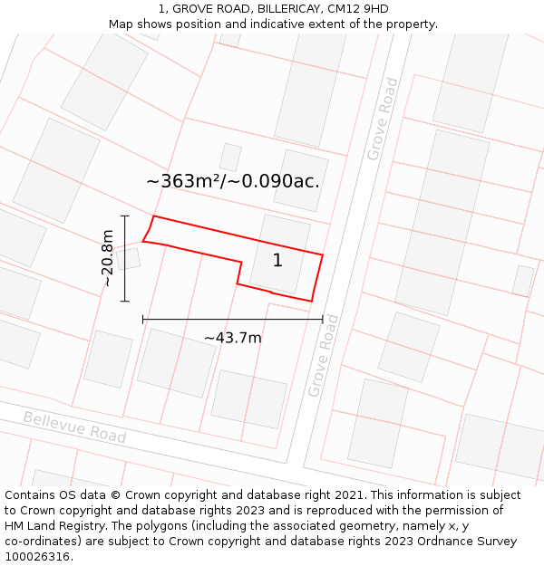1, GROVE ROAD, BILLERICAY, CM12 9HD: Plot and title map