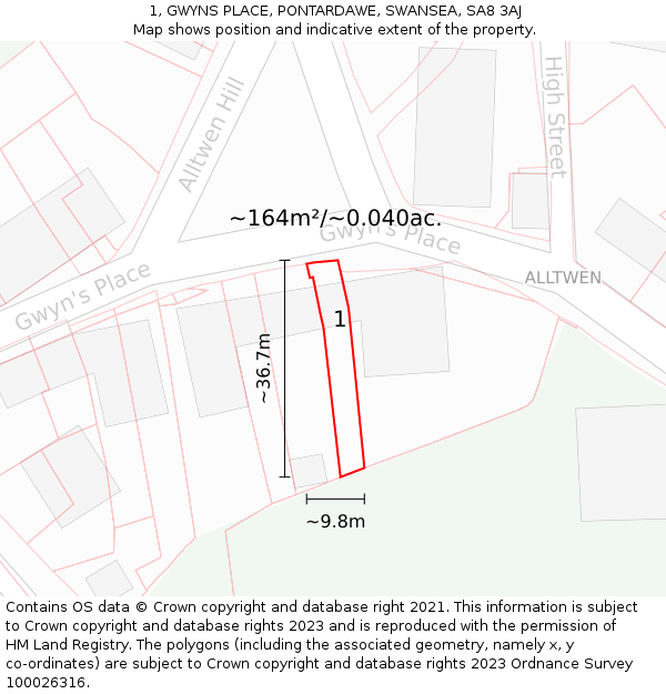 1, GWYNS PLACE, PONTARDAWE, SWANSEA, SA8 3AJ: Plot and title map