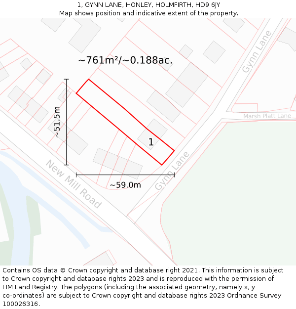 1, GYNN LANE, HONLEY, HOLMFIRTH, HD9 6JY: Plot and title map