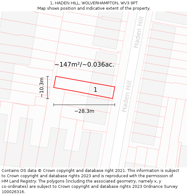 1, HADEN HILL, WOLVERHAMPTON, WV3 9PT: Plot and title map