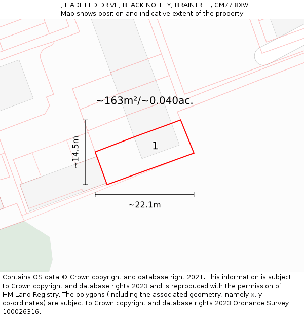 1, HADFIELD DRIVE, BLACK NOTLEY, BRAINTREE, CM77 8XW: Plot and title map