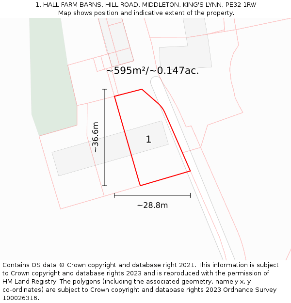 1, HALL FARM BARNS, HILL ROAD, MIDDLETON, KING'S LYNN, PE32 1RW: Plot and title map