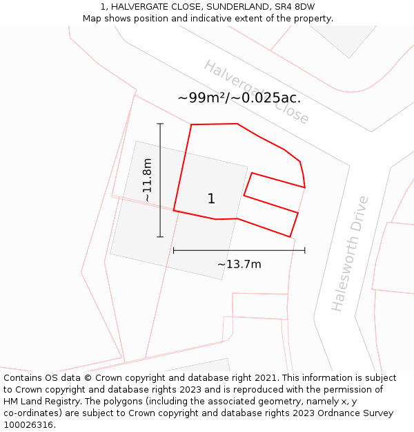 1, HALVERGATE CLOSE, SUNDERLAND, SR4 8DW: Plot and title map