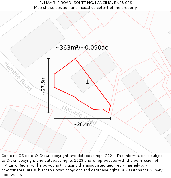 1, HAMBLE ROAD, SOMPTING, LANCING, BN15 0ES: Plot and title map