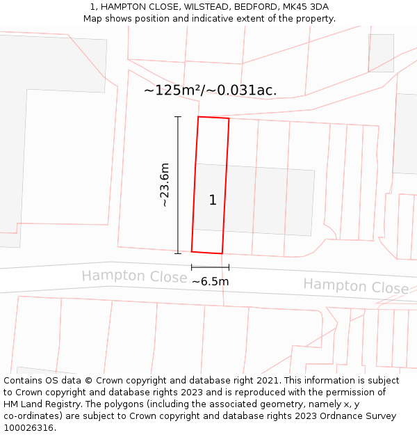 1, HAMPTON CLOSE, WILSTEAD, BEDFORD, MK45 3DA: Plot and title map