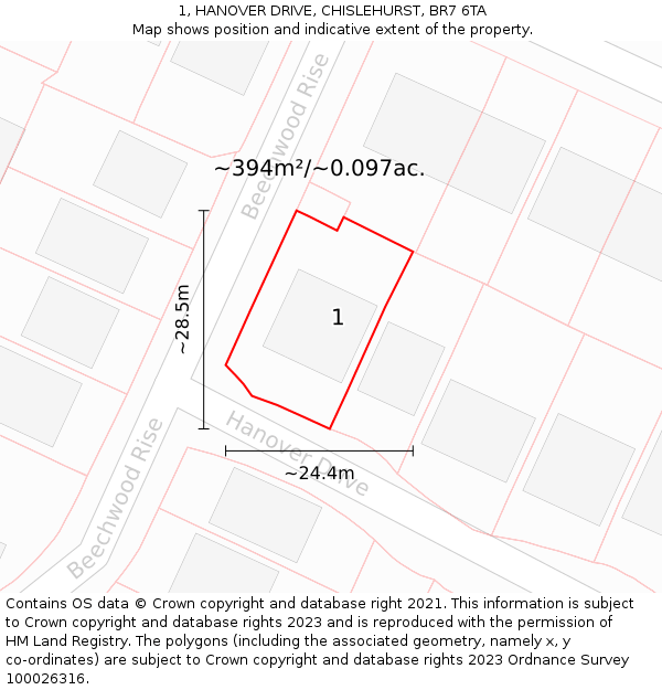 1, HANOVER DRIVE, CHISLEHURST, BR7 6TA: Plot and title map