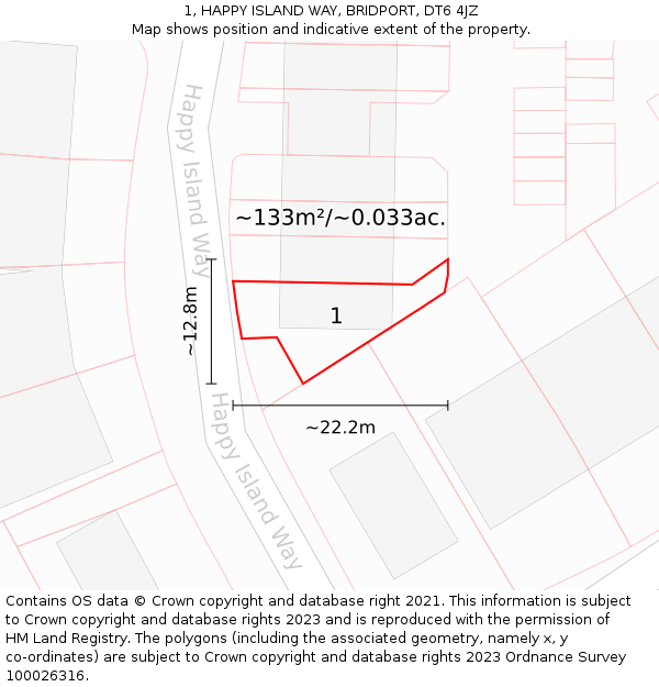 1, HAPPY ISLAND WAY, BRIDPORT, DT6 4JZ: Plot and title map
