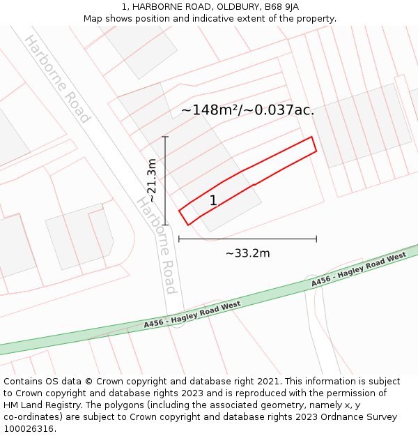 1, HARBORNE ROAD, OLDBURY, B68 9JA: Plot and title map