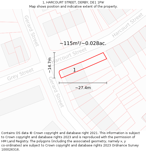 1, HARCOURT STREET, DERBY, DE1 1PW: Plot and title map