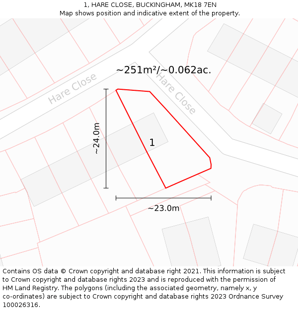 1, HARE CLOSE, BUCKINGHAM, MK18 7EN: Plot and title map