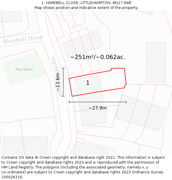 1, HAREBELL CLOSE, LITTLEHAMPTON, BN17 6WE: Plot and title map