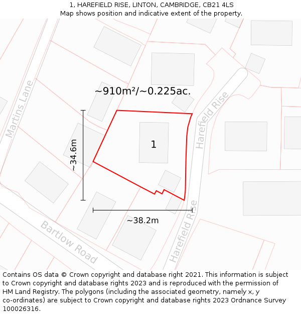 1, HAREFIELD RISE, LINTON, CAMBRIDGE, CB21 4LS: Plot and title map