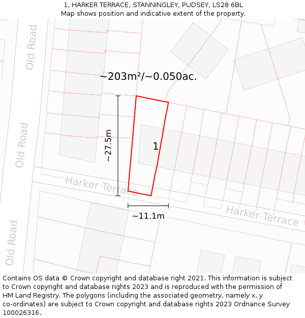 1, HARKER TERRACE, STANNINGLEY, PUDSEY, LS28 6BL: Plot and title map