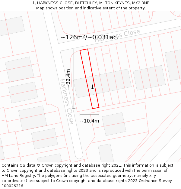 1, HARKNESS CLOSE, BLETCHLEY, MILTON KEYNES, MK2 3NB: Plot and title map