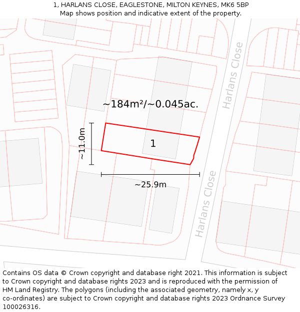 1, HARLANS CLOSE, EAGLESTONE, MILTON KEYNES, MK6 5BP: Plot and title map