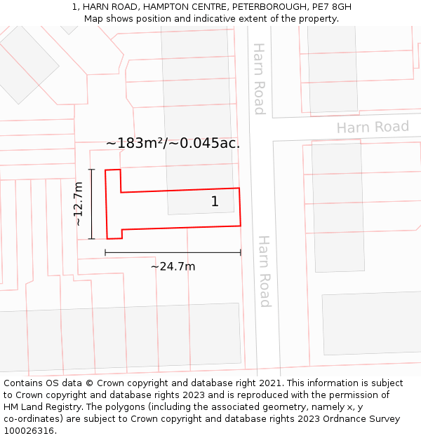 1, HARN ROAD, HAMPTON CENTRE, PETERBOROUGH, PE7 8GH: Plot and title map
