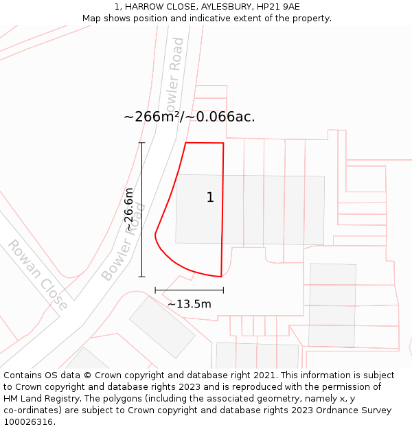1, HARROW CLOSE, AYLESBURY, HP21 9AE: Plot and title map