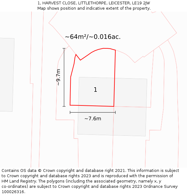1, HARVEST CLOSE, LITTLETHORPE, LEICESTER, LE19 2JW: Plot and title map