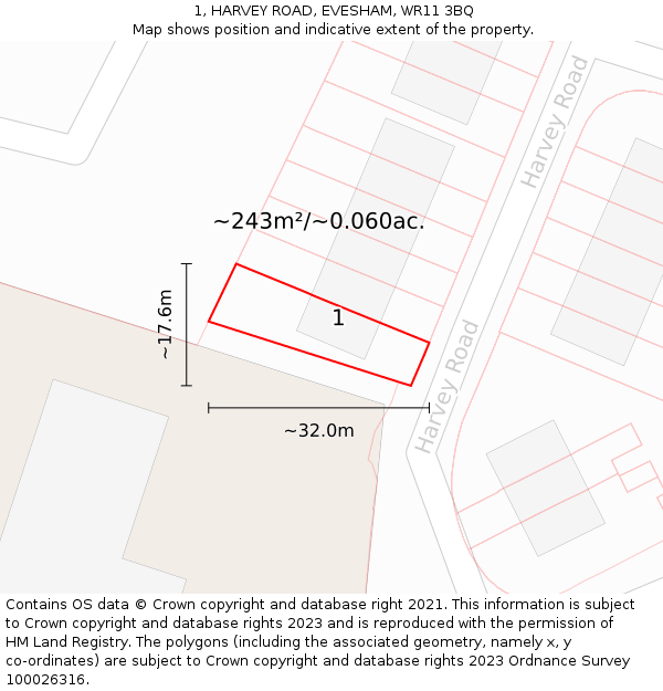 1, HARVEY ROAD, EVESHAM, WR11 3BQ: Plot and title map