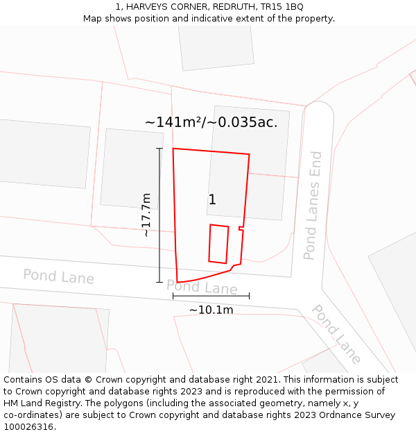 1, HARVEYS CORNER, REDRUTH, TR15 1BQ: Plot and title map