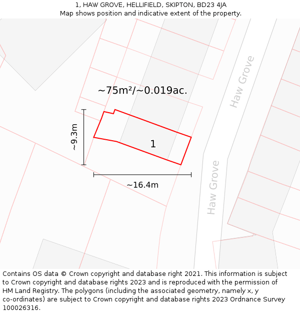 1, HAW GROVE, HELLIFIELD, SKIPTON, BD23 4JA: Plot and title map