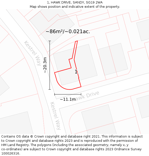 1, HAWK DRIVE, SANDY, SG19 2WA: Plot and title map