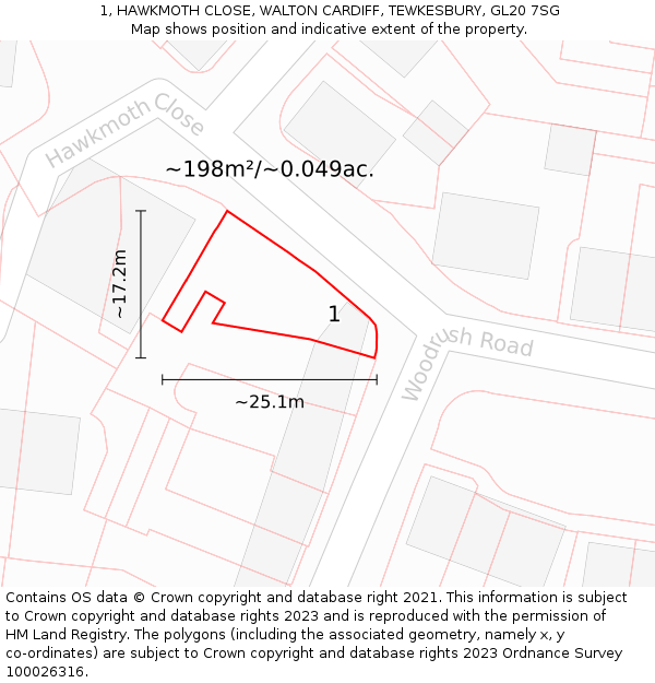 1, HAWKMOTH CLOSE, WALTON CARDIFF, TEWKESBURY, GL20 7SG: Plot and title map