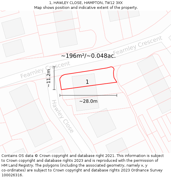 1, HAWLEY CLOSE, HAMPTON, TW12 3XX: Plot and title map