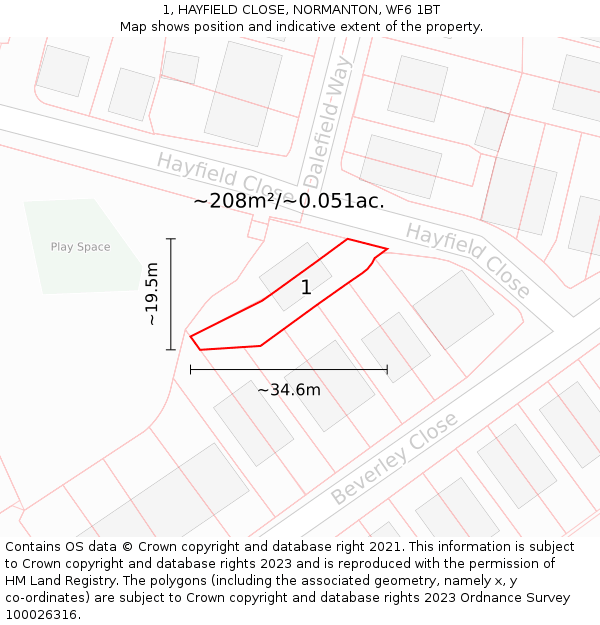 1, HAYFIELD CLOSE, NORMANTON, WF6 1BT: Plot and title map