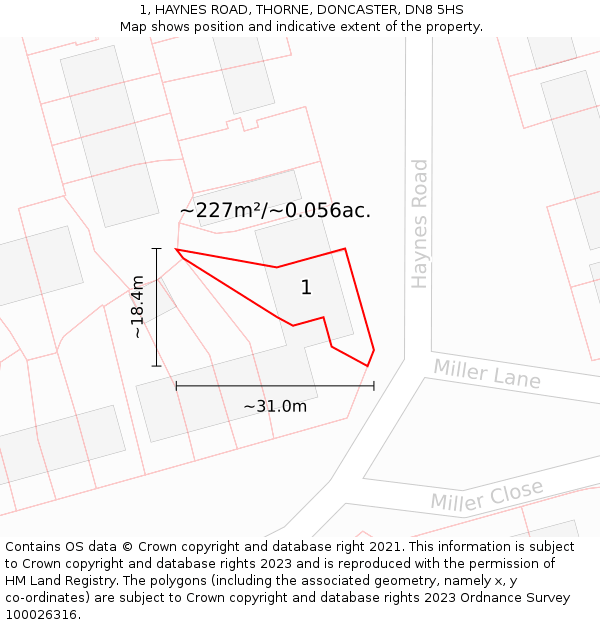 1, HAYNES ROAD, THORNE, DONCASTER, DN8 5HS: Plot and title map