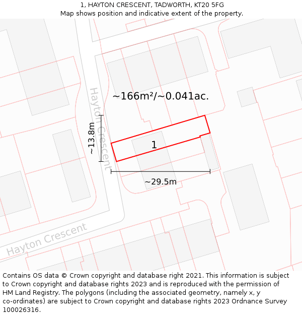 1, HAYTON CRESCENT, TADWORTH, KT20 5FG: Plot and title map