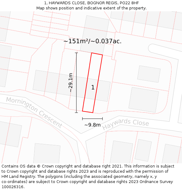 1, HAYWARDS CLOSE, BOGNOR REGIS, PO22 8HF: Plot and title map