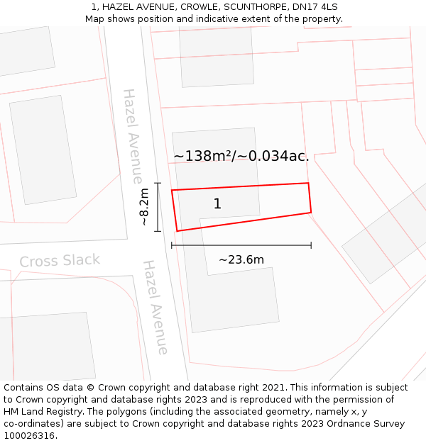 1, HAZEL AVENUE, CROWLE, SCUNTHORPE, DN17 4LS: Plot and title map