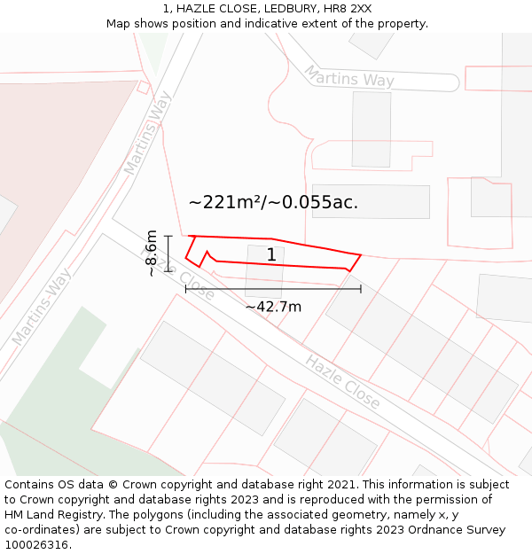 1, HAZLE CLOSE, LEDBURY, HR8 2XX: Plot and title map