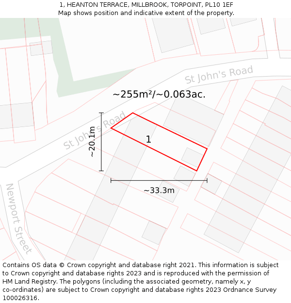 1, HEANTON TERRACE, MILLBROOK, TORPOINT, PL10 1EF: Plot and title map