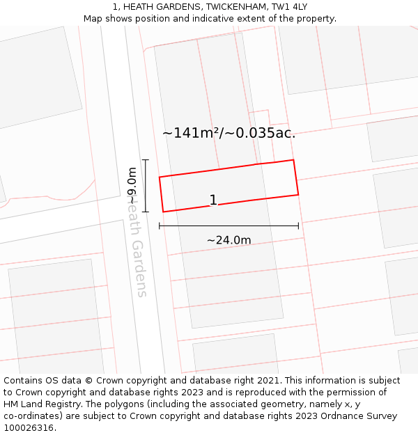 1, HEATH GARDENS, TWICKENHAM, TW1 4LY: Plot and title map
