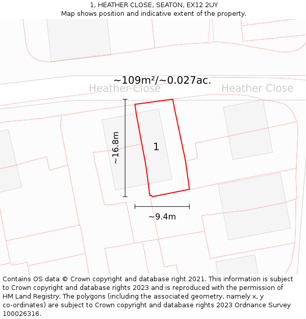 1, HEATHER CLOSE, SEATON, EX12 2UY: Plot and title map